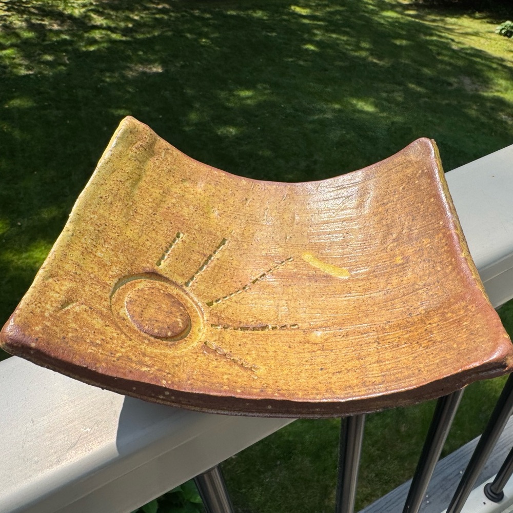 Studio Pottery Stoneware Trinket Dish with Sunshine Rays 6.5” x 5.5”